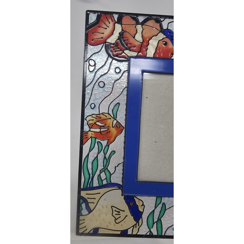 Vintage FIGI Hand Painted Fish Scene  Stained Glass Frame For 4x6 Photo - Picture 4 of 12